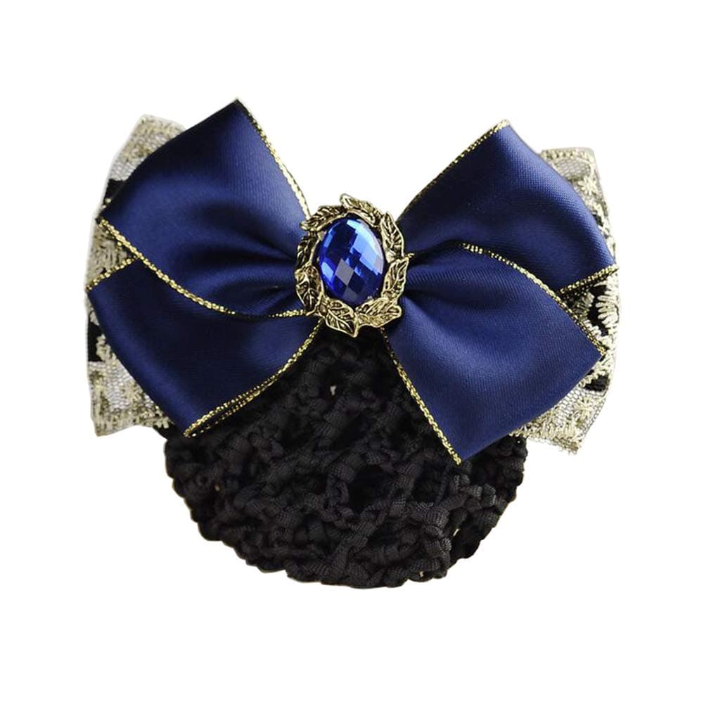 1PCS Women Girls Professional Lacrosse Flower Lace Ribbon Bowknot Rhinestone Snood Net Elastic Hair Clip Barrette Bun Maker Bow Cover Hairnet Decor Hair Accessories for Nurse Bank Worker Air Hostess (Blue)