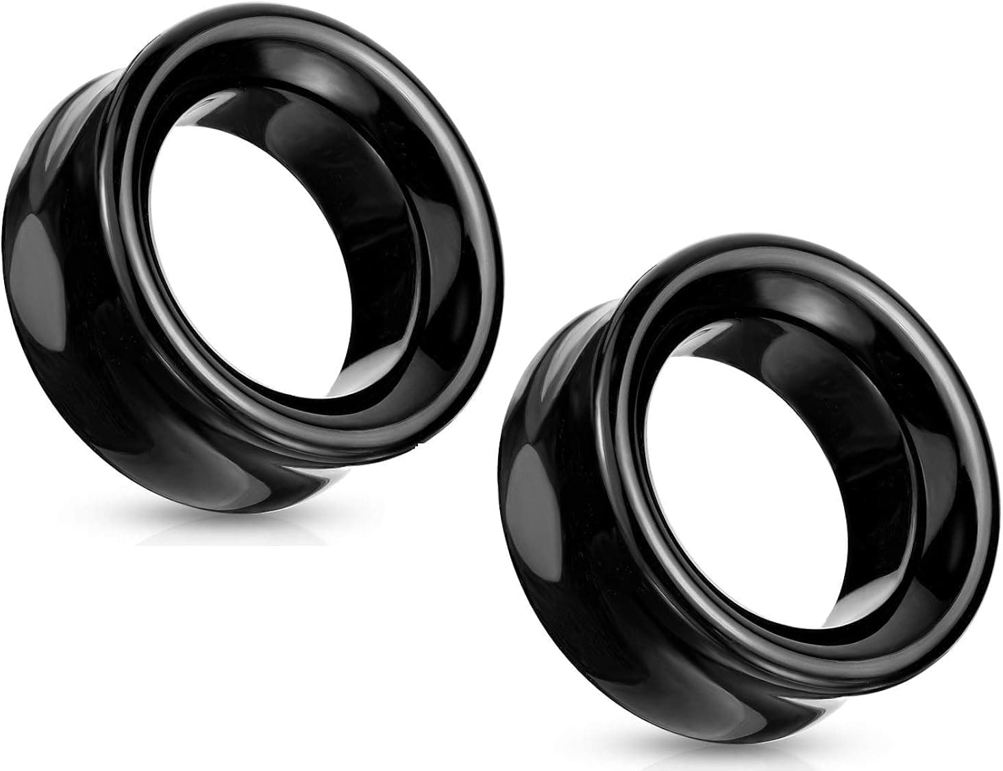 Pierced Owl - Black Agate Natural Stone Double Flared Saddle Tunnels, Sold as a Pair
