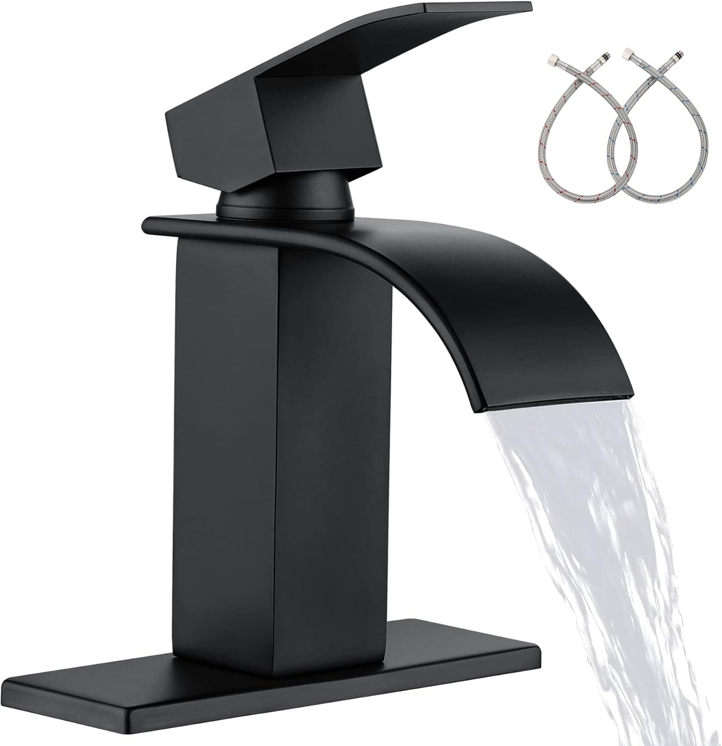 Black Bathroom Sink Waterfall Faucet - Single Hole Bathroom Faucets, Single Handle Vessel Sink Faucet with Deck Plate for 4 inch Centerset, Matte Black, 1 or 3 Hole