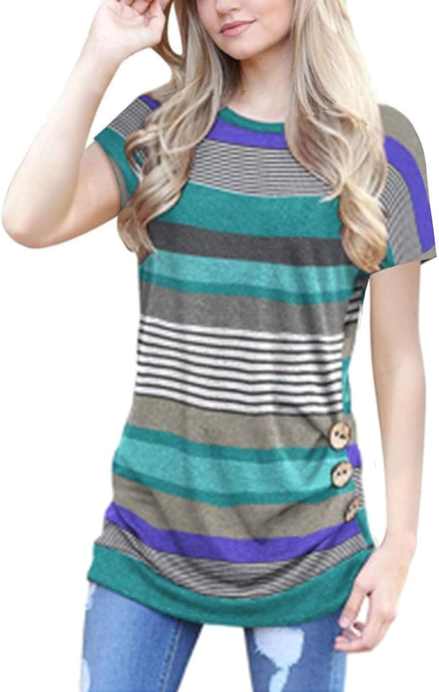 Unidear Women's Casual Short Sleeve Tunic Round Neck Loose T Shirt Blouse Tops with Retro Buttons