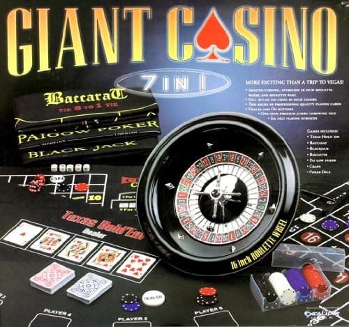 Excalibur Giant Casino 7-in-1 Set with 16-Inch Roulette Wheel, 6 Layouts for Texas Hold'em, Blackjack, Roulette, Pai Gow Poker, Baccarat, Craps, 100 Chips & Accessories