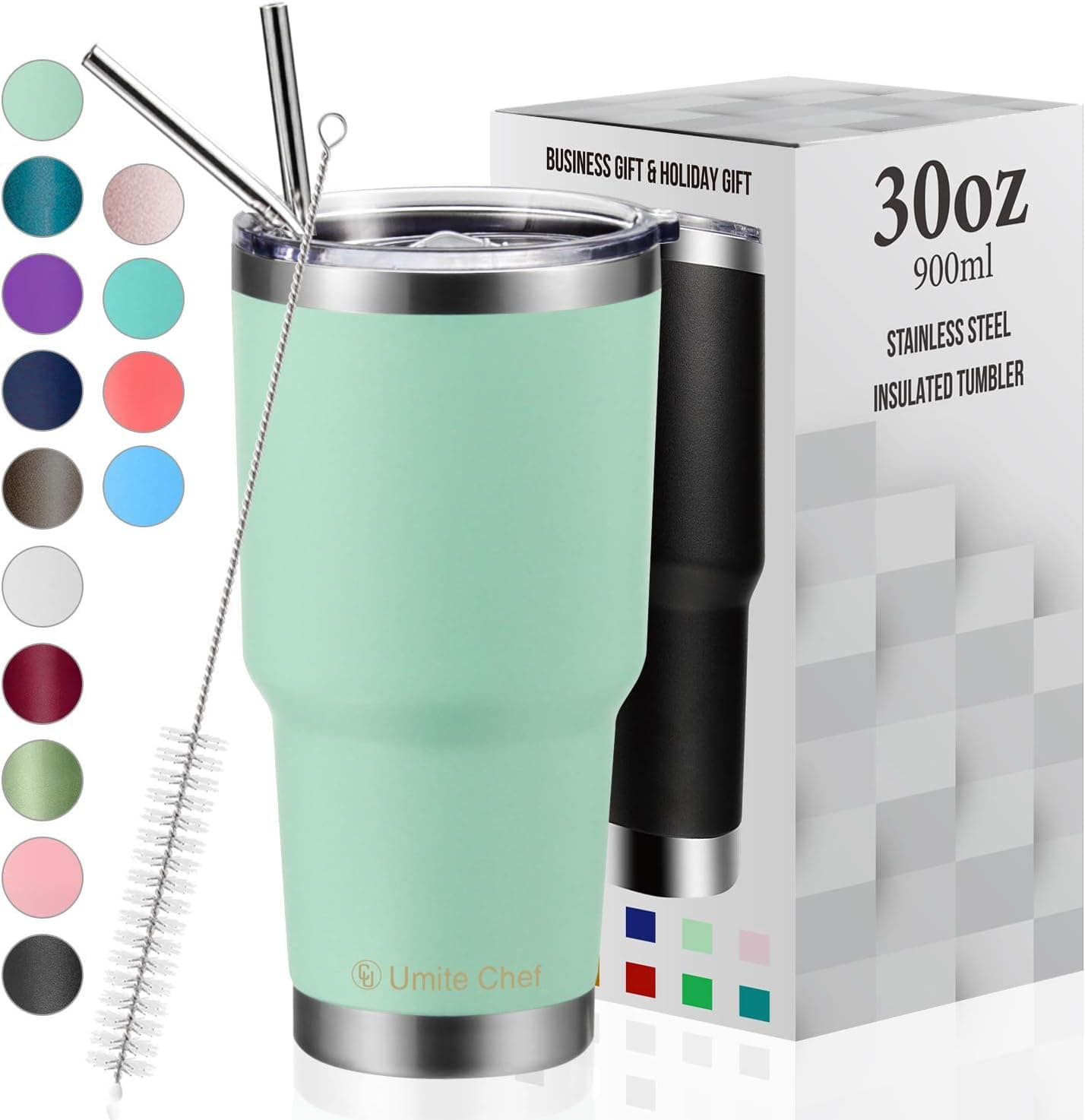 Umite Chef 22oz Tumbler Insulated Stainless Steel Travel Tumbler Mug with Lid, 2 Straws & Brush Durable Insulated Coffee Mug, Thermal Cup with Splash Proof Sliding Lid (Tiffany)