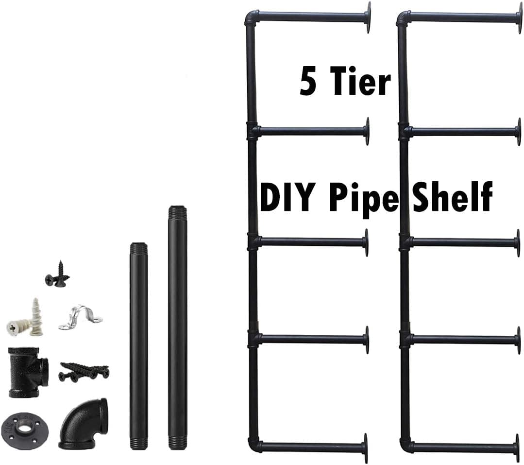Industrial Wall Mount Iron Pipe Shelf Shelves Shelving Bracket Vintage Retro Hung Black DIY Open Bookshelf Racks Storage for offcie Room Kitchen (2PcsX5Tier,56" Tall,12"deep,Hardware Only)