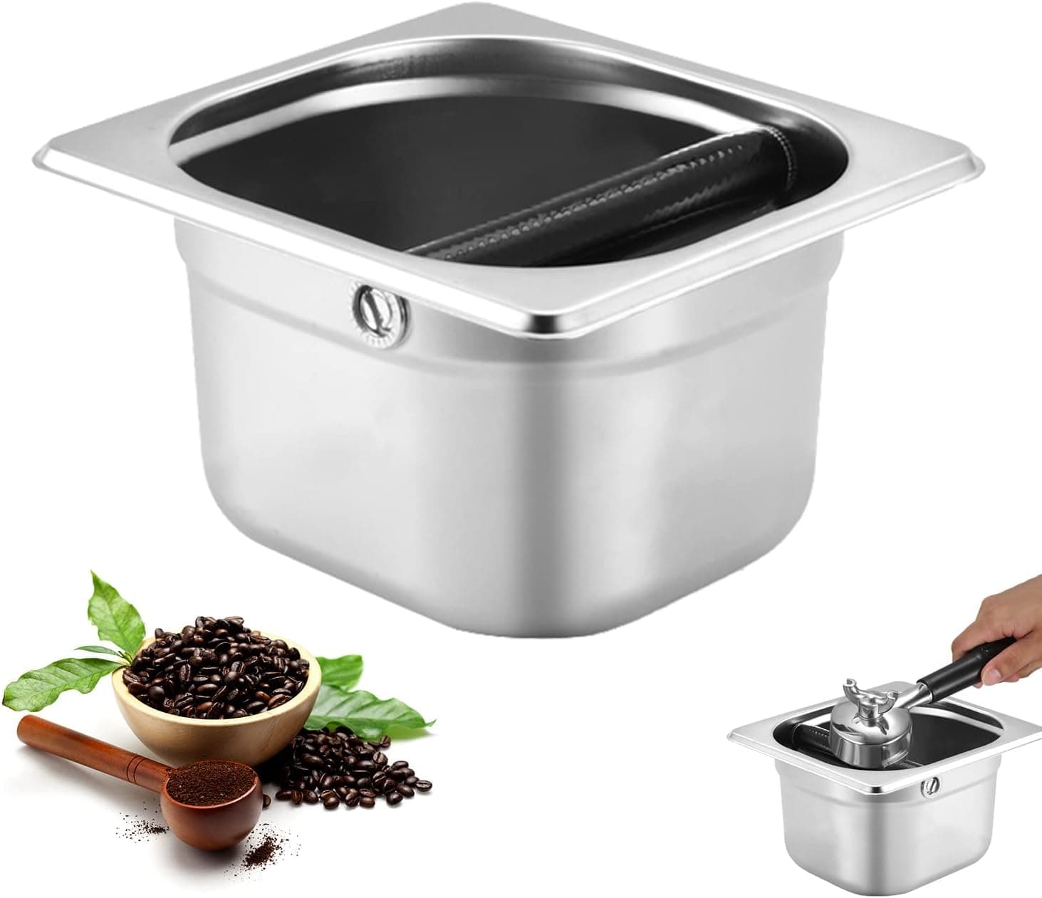 TYUI Modern Espresso Knock Box,Stainless Steel Coffee Knock Box,with Removable Heavy-Duty Metal Knock Bar and Shock- Absorbent Durable and Non-Slip Base for Espresso Maker Accessories