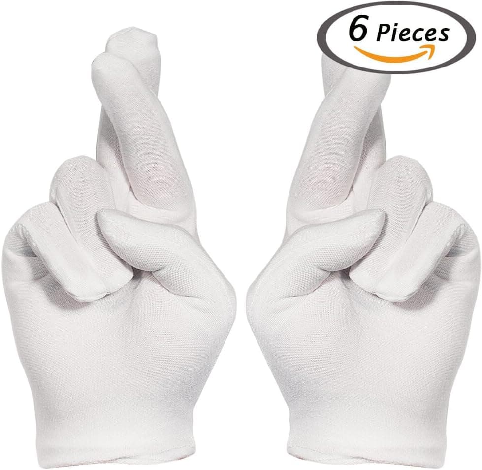 Selizo 6 Pairs White Cotton Gloves for Cosmetic Moisturizing Dry Hands Coin Jewelry Inspection Hand Spa – Medium Size