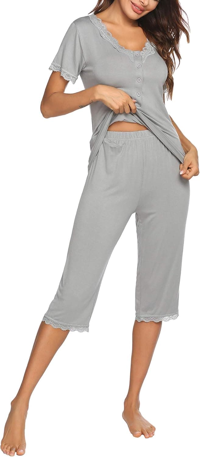 Ekouaer Womens Pajama Pants Sets Short Sleeve 2 Piece Lounge Sets Soft Sleepwear Set Grey XXL