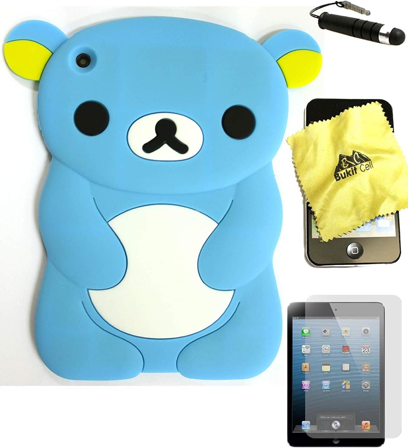 Bukit Cell (TM) Blue Bear 3D Cartoon Silicone Case for Apple IPAD Mini + BUKIT CELL Cleaning Cloth + Screen Protector + Metallic Touch Stylus Pen