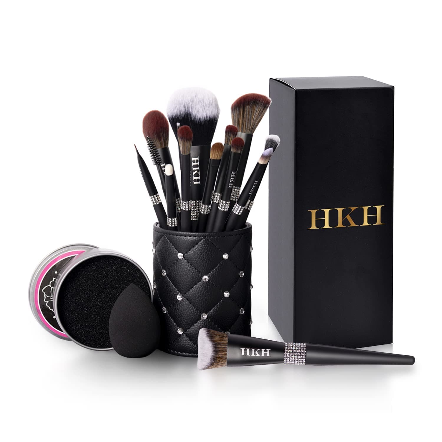Makeup Brushes HKH 14PCs Premium Matte Black Series 2021 Makeup Brush Set Kabuki Powder Blush Contour Foundation Concealer Eyeshadow Brushes with Makeup Sponge and Clean Makeup Brush Dry Box