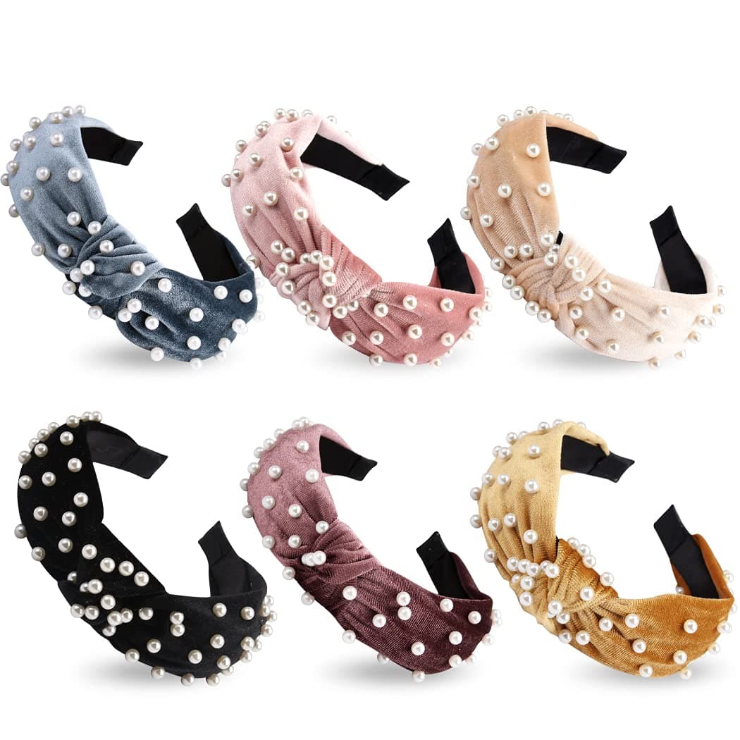 Top Knot Headbands for Women 6 Packs Wide Plain Headbands AOPRIE Pearl Hair Bands for Women's Hair Wide Turban Headbands Fashion Elastic Hair Accessories for Women and Girls Black Pink Yellow Blue