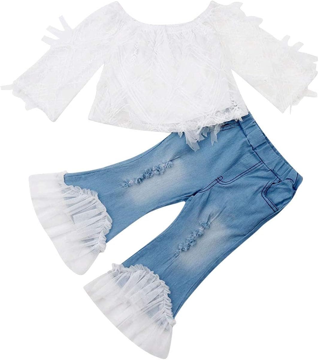 Toddler Baby Girl Fashion Clothes Off Shoulder Ruffle Sleeve T-Shirt Tops+Ripped Denim Pants Jeans 2Pcs Outfits