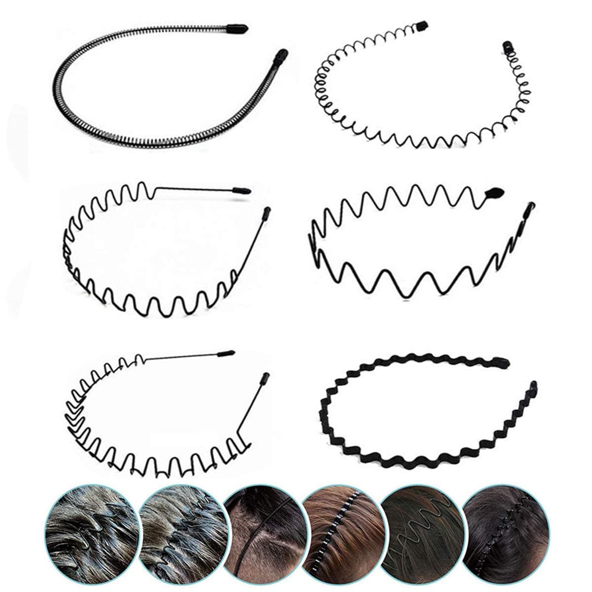 JERLITU Elastic Wavy Spring Wave Hair Band, Multi-Style Black Non-slip Metal Hair Hoop, Unisex Sport Fashion Hair Band Accessories for Women and Men 6 Pcs