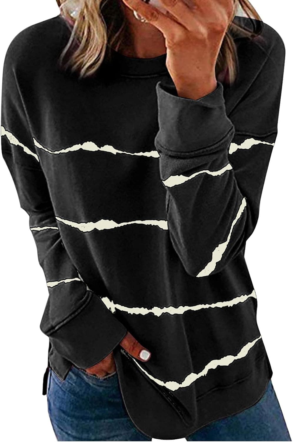 Happy Sailed Womens Casual Long Sleeve Round Neck Sweatshirt Tie Dye Printed Striped Pullover Tops,Small Black