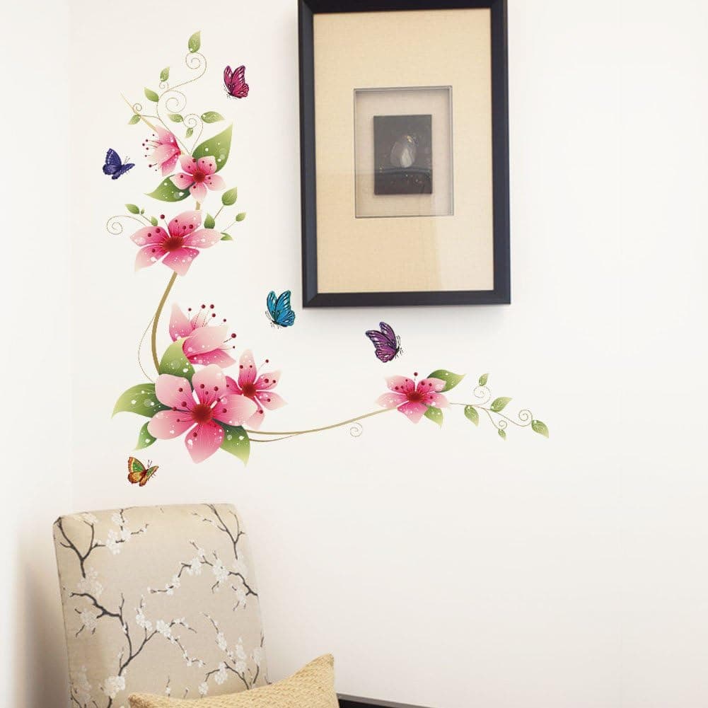 Winhappyhome Flowers Vines Butterfly Wall Stickers for Bedroom Living Room Glass Window Door Backdrop Home Decor Removable Decals
