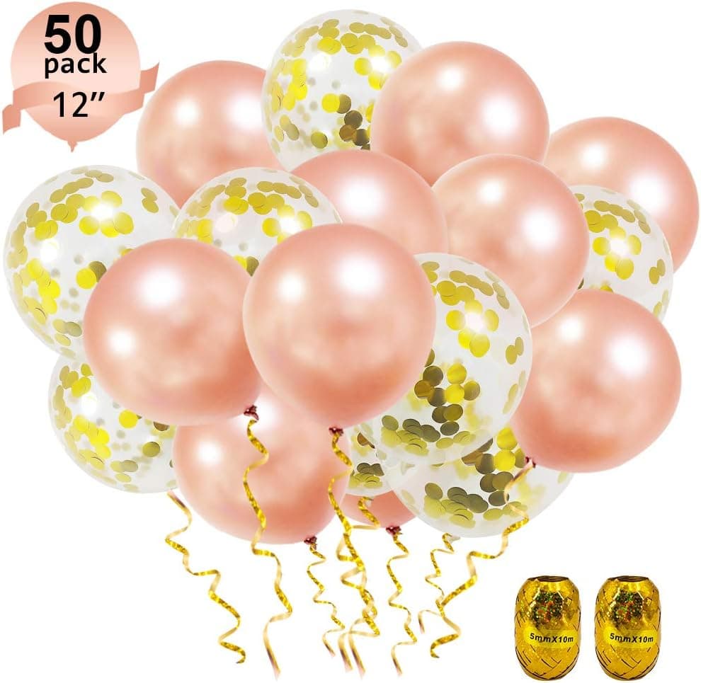 Rose Gold Balloons 50 Pack Rose Gold Confetti Balloons 12 inch Rose Gold Latex Party Balloons with 2 ribbon for Bachelorette Bridal Shower