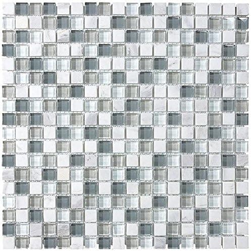 4" x 6" Sample - Bliss Iceland White Marble and Glass 5/8 x 5/8 Square Mosaic Tiles - Bathroom Walls/Tub Surround/Kitchen Backsplash