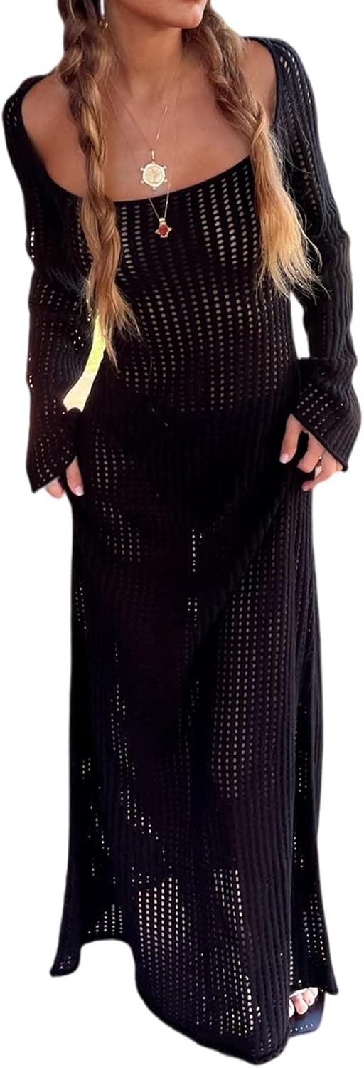 Womens Striped Square Collar Knit Hollow Out Long Sleeve Crochet Maxi Dress
