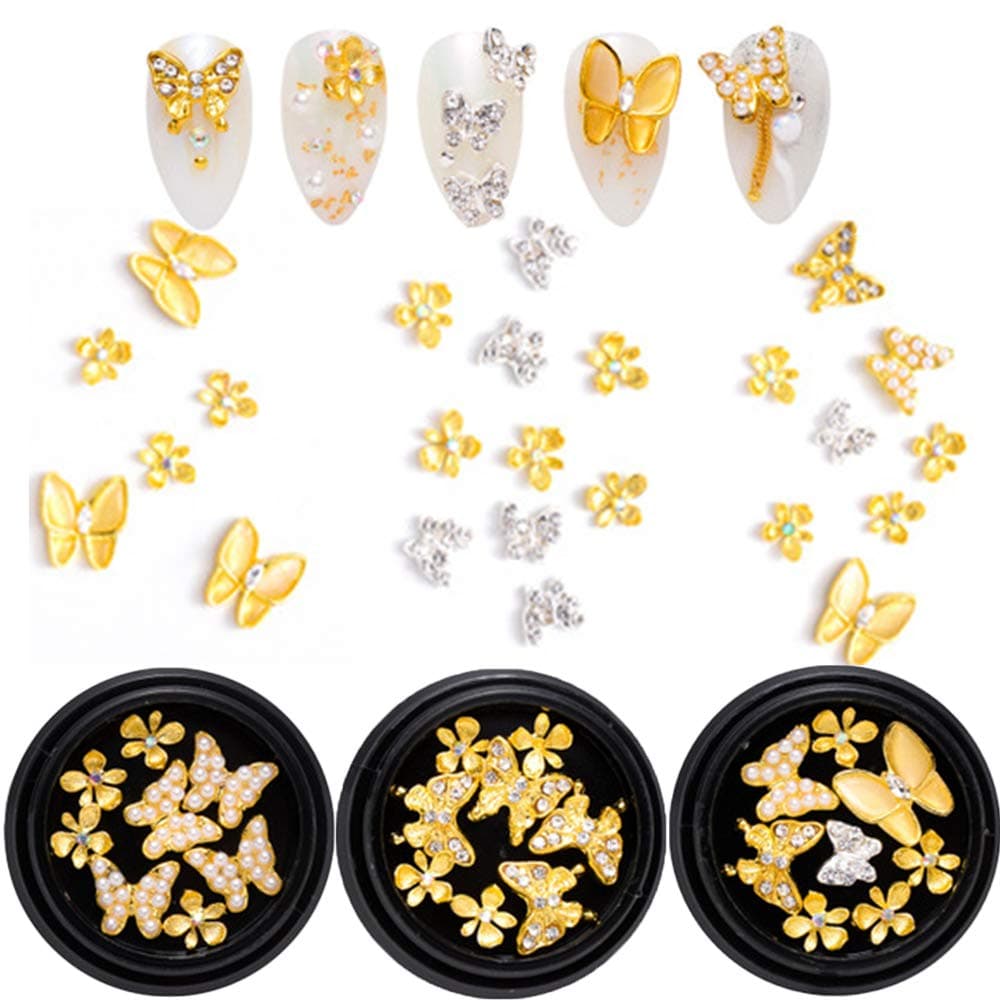 Butterfly Nail Art Decoration Supplies 3D Butterfly flower Charms Metal Glitter Decoration Gold Alloy Jewelry Rhinestones Gems Pearls（Gold Silver）