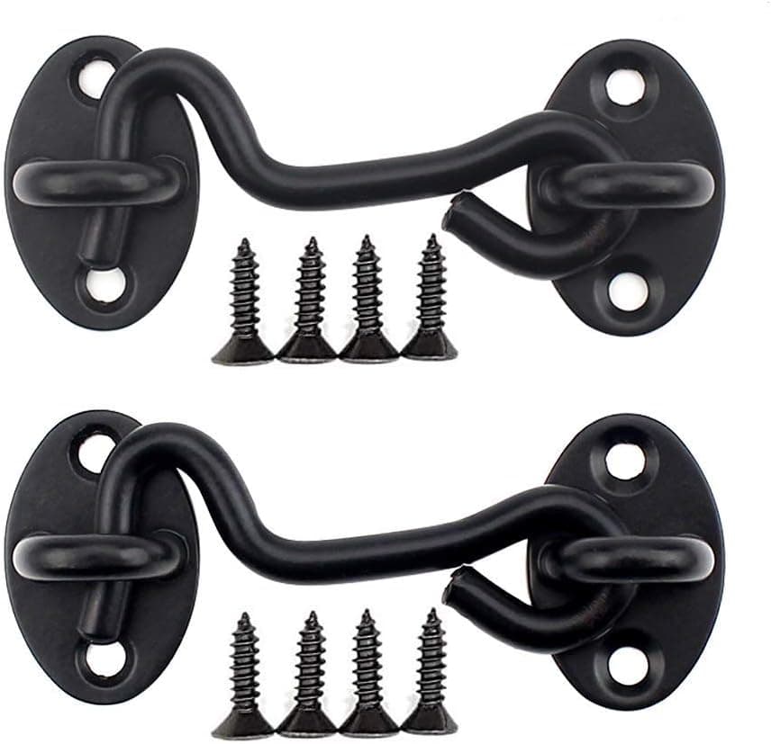 Cabin Hook Door Latch, 2 Pack Hook and Eye Latch Lock for Sliding Barn/Swivel Window Shutters/Home/Bedroom/Gate/Shed/Closet/Rustic/Garage Heavy Duty Metal Design with Mounting Screws(4 Inch, Black)
