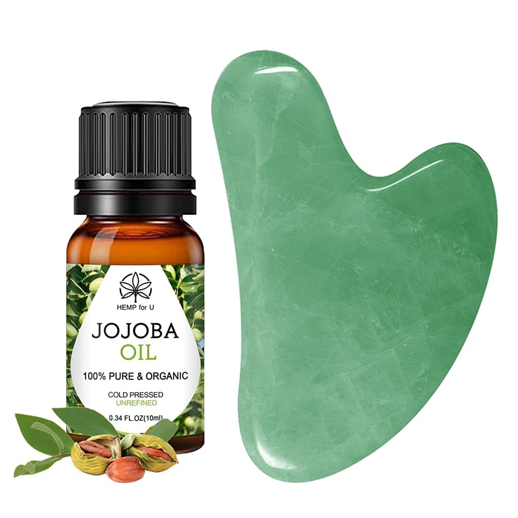 Gua Sha Facial Tools & Jojoba Guasha Oil Skin Care Sets, Natural Jade Stone Gua Sha Tool for Face to Reduces Puffiness and Promotes Blood Flow, with Nice Travel Pouch
