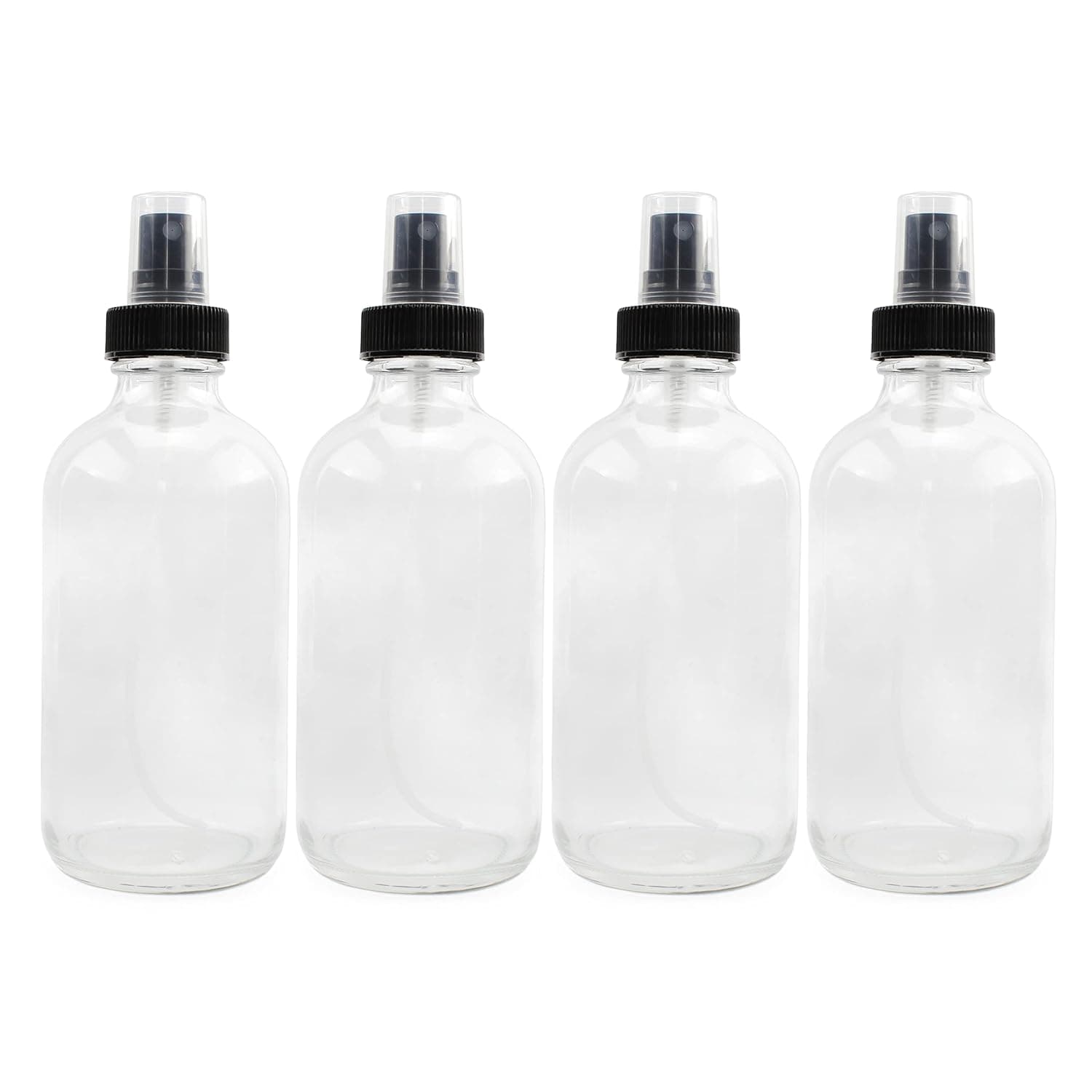 Cornucopia 8-Ounce Clear Glass Fine Mist Spray Bottles (4-Pack); Boston Round w/Atomizer Spritzers for Aromatherapy, Perfume, Cologne, DIY & More