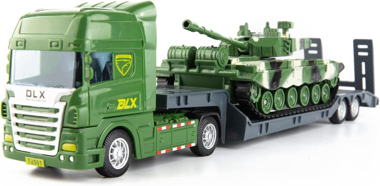 TGRCM-CZ Flatbed Truck Toy with Tank,Army Toys with Tank, Semi Flatbed Trailer-Push and Go Toy Trucks, Construction Trucks for Toddlers, Gift for Age 3 and up Kids Toddlers Children Present