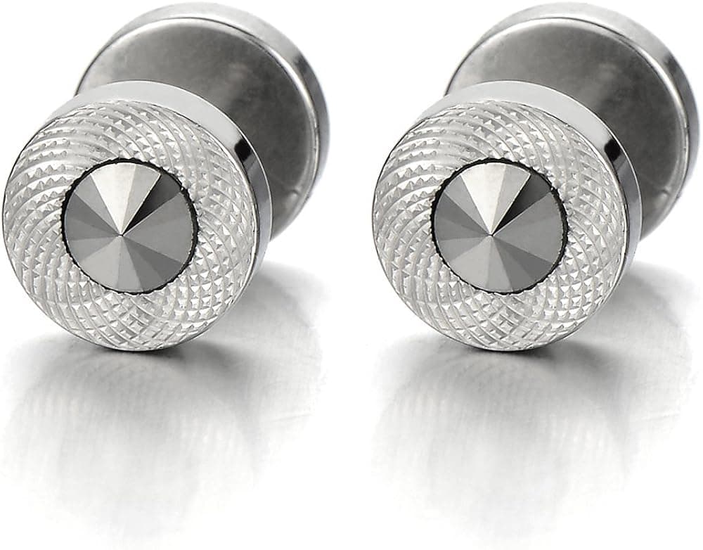 8MM Mens Womens Stud Earrings with Black Spike Cubic Zirconia Stainless Steel, Screw Back, 2pcs