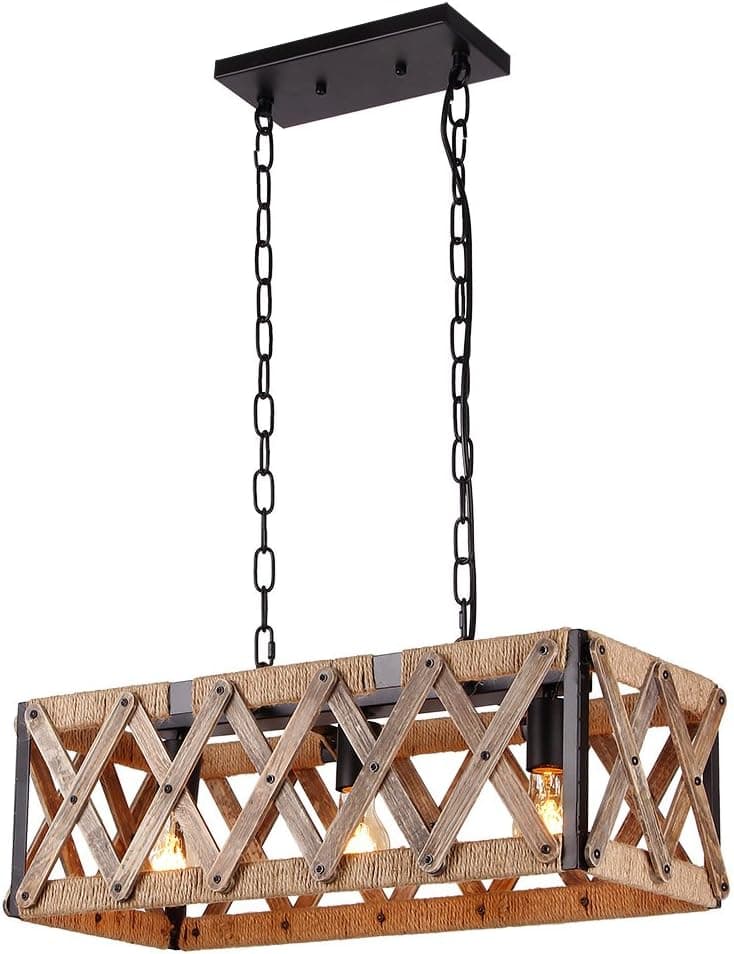Anmytek Square Metal and Wood Chandelier Basket Pendant Three Lights Oil Black Finishing Rope Net Lamp Shade Retro Vintage Industrial Rustic Ceiling Lamp Caged Light