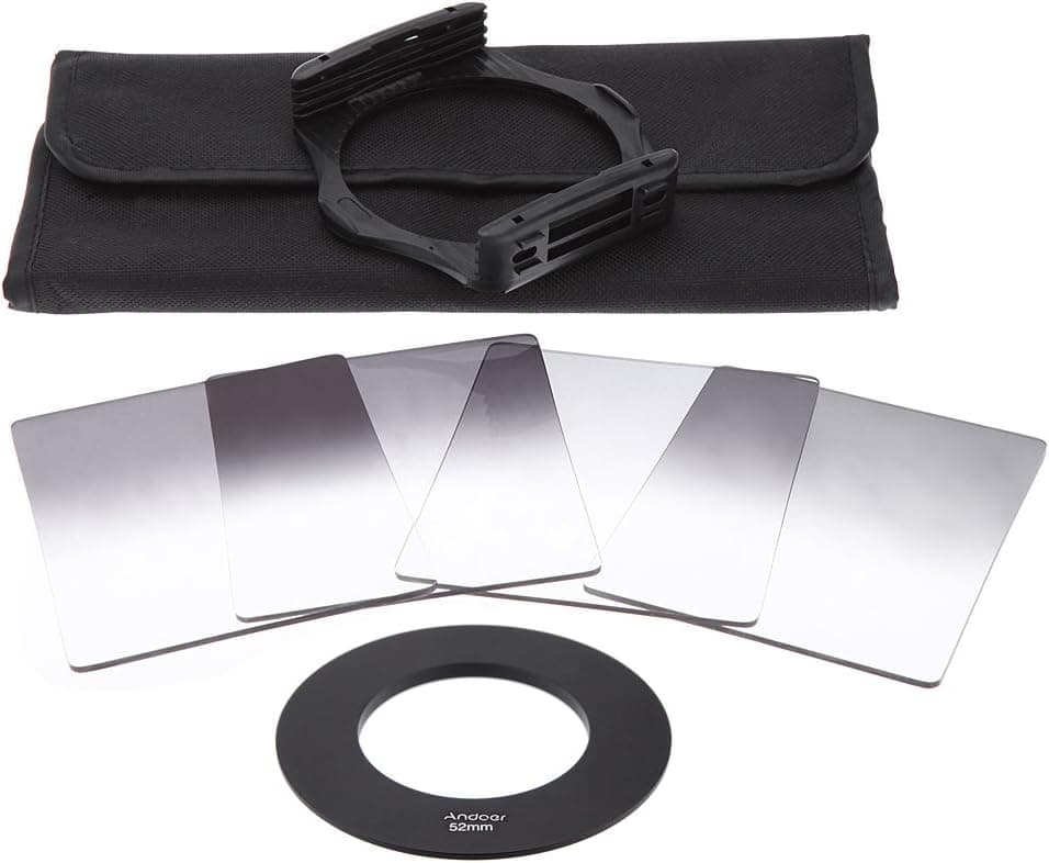 Andoer P Series Gradual Graduated Neutral Density Resin Filter Set Graduated Filters 0.3ND 0.6ND 0.9ND 1.2ND 52mm Adapter Ring Square Filter Holder with Bag for DSLR Camera