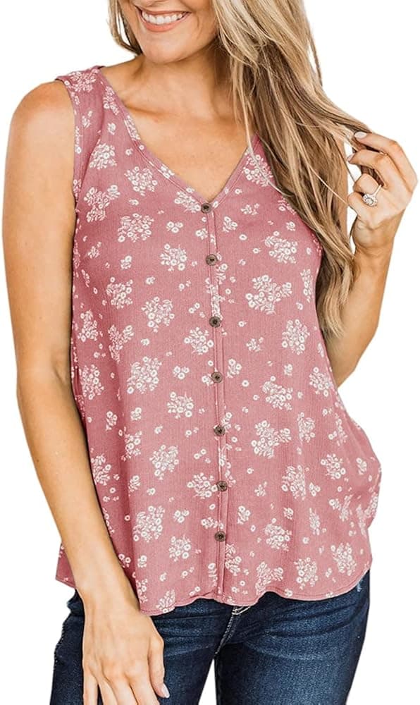Miladusa Womens Summer Tank Tops Sleeveless Button Down V Neck Shirts Loose Casual Blouses