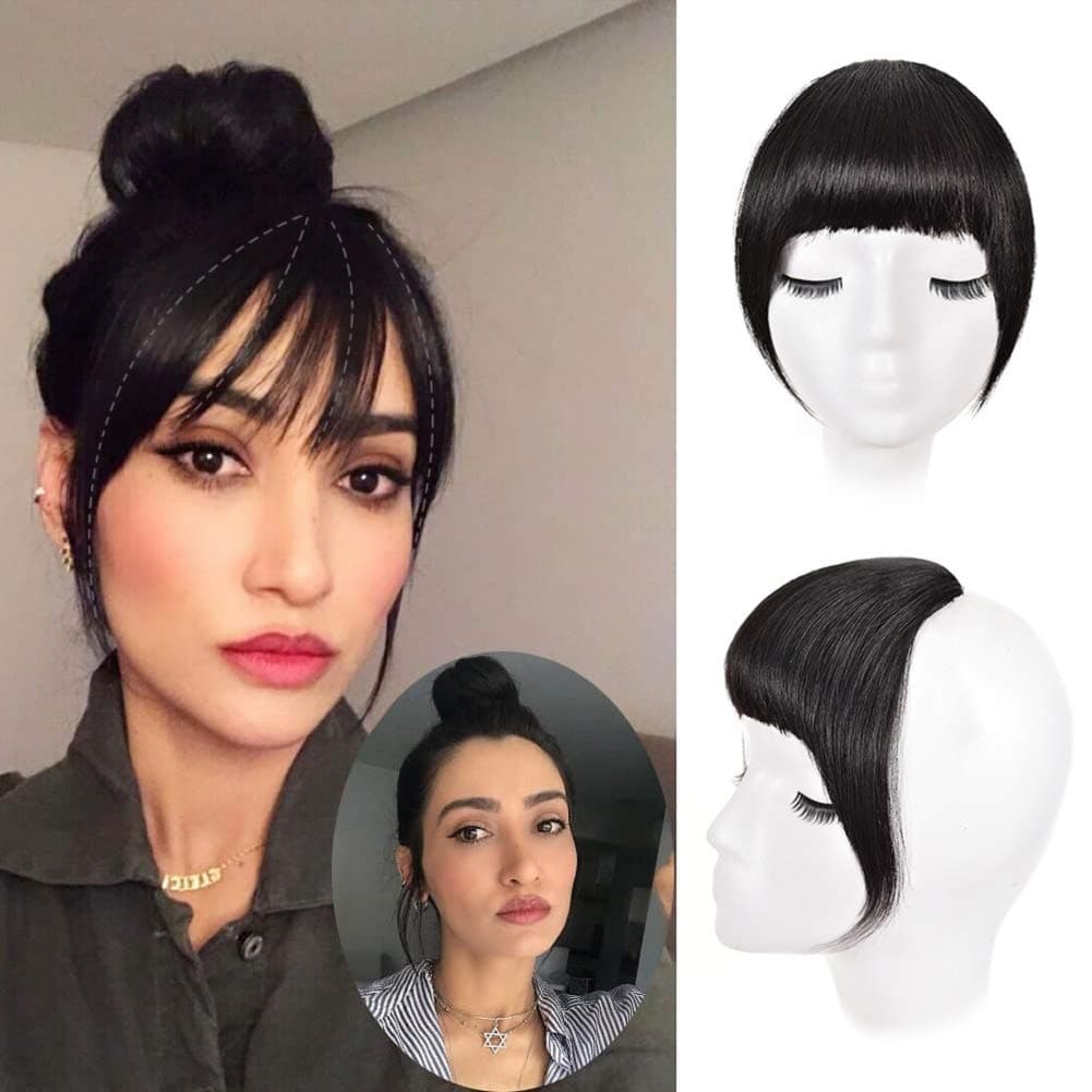NA Clip in Bangs Human Hair Brown Bangs Extension Clip on Fringe Bangs Natural Flat Neat with Gradual Temples Hairpiece for Women Girls (French Bangs, Black Brown)