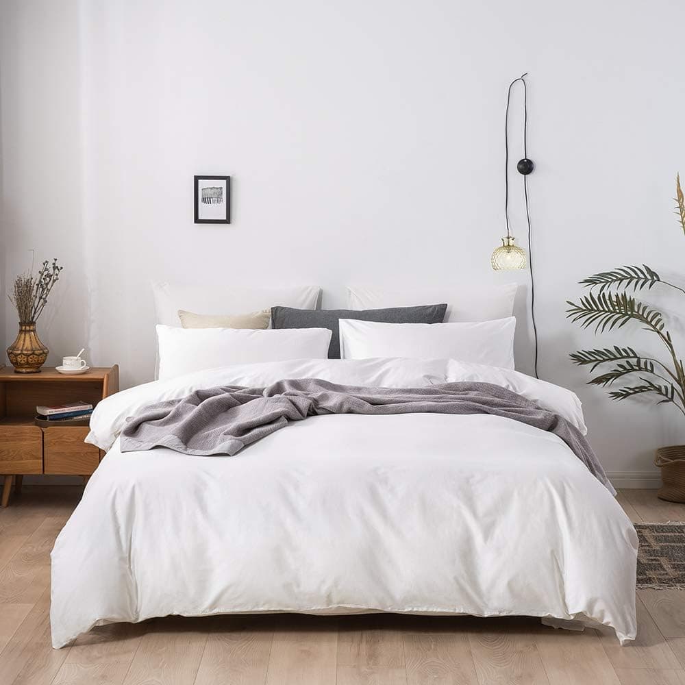LyTble 3 Pieces Solid Color Ivory White Long Staple Cotton Duvet Cover Queen Size Soft Breathable Bedding Set with Zipper Ties (Ivory White, Queen)