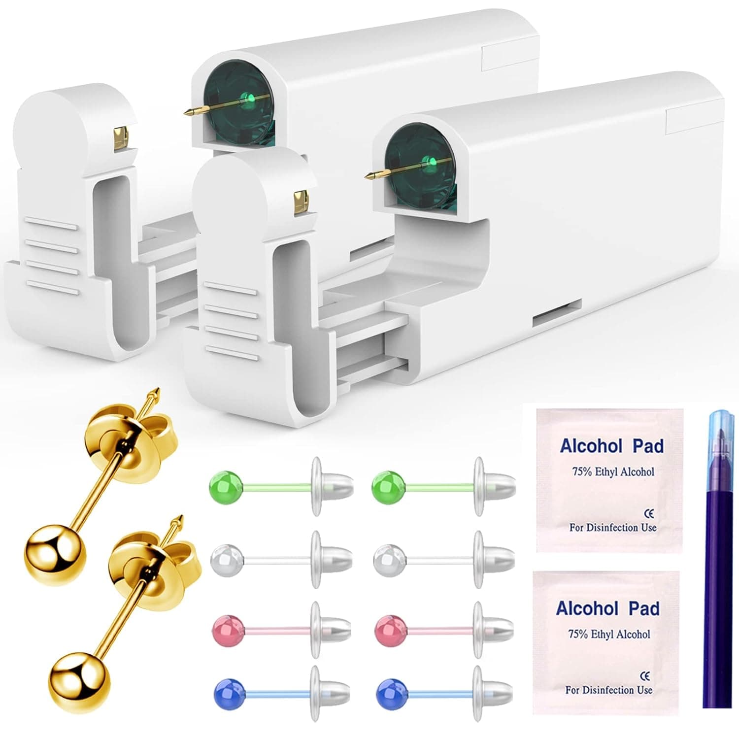 KAIQIKAIXI 2Pcs Ear Piercing Kit Automatic And Painless Ear Nail Gun Disposable Aseptic Household Ear Piercing Gun Portable Ear Piercing Gun Group Ear Piercing Tools (3mm, Golden)