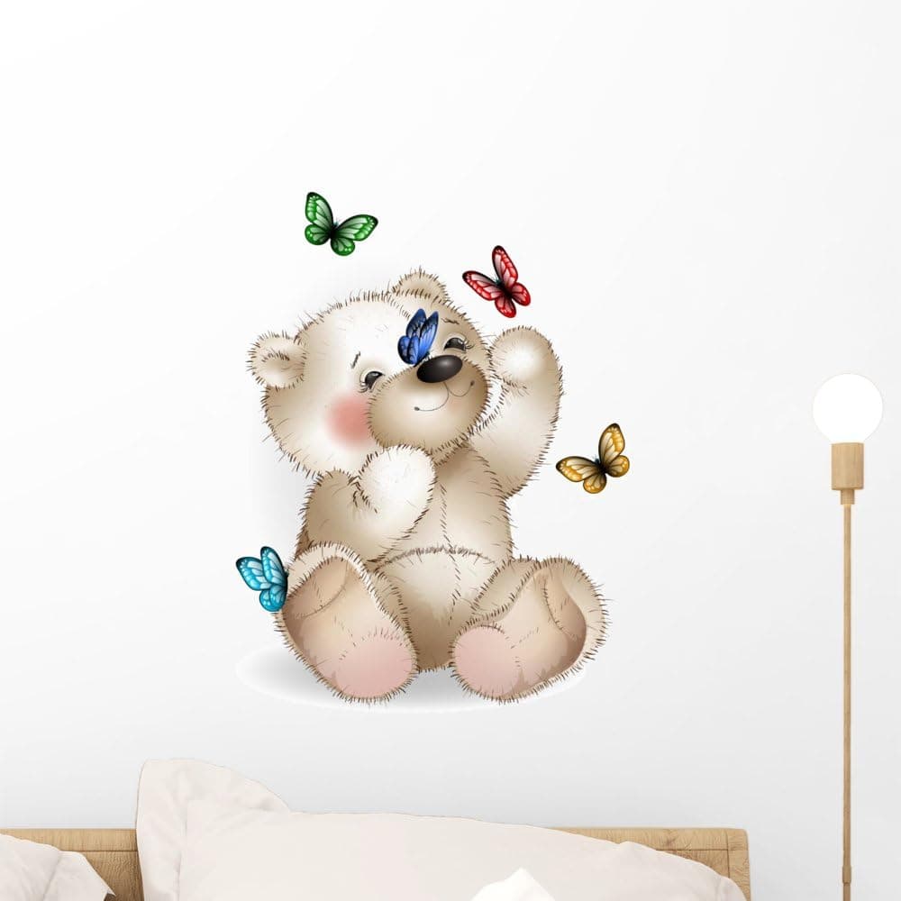 Wallmonkeys FOT-74473947-18 WM33747 Happy Teddy Bear and Butterfly Peel and Stick Wall Decals H x 18 in W, 18" 18" W-Small