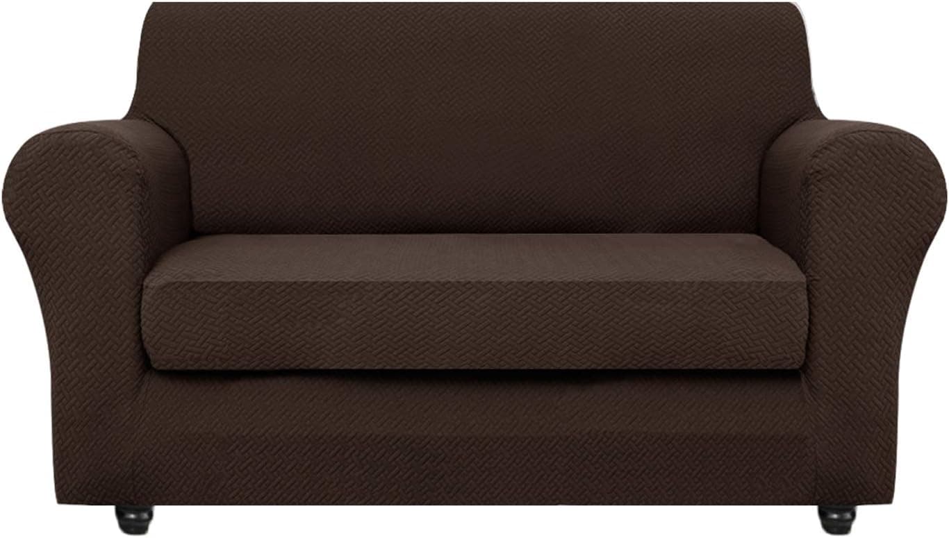 Obytex 2-Piece Stretch Sofa Cover Jacquard Polyester and Spandex Upgrade Pattern Couch Covers Dog Cat Pet Slipcovers Furniture Protectors, Machine Washable (Medium, Brown)