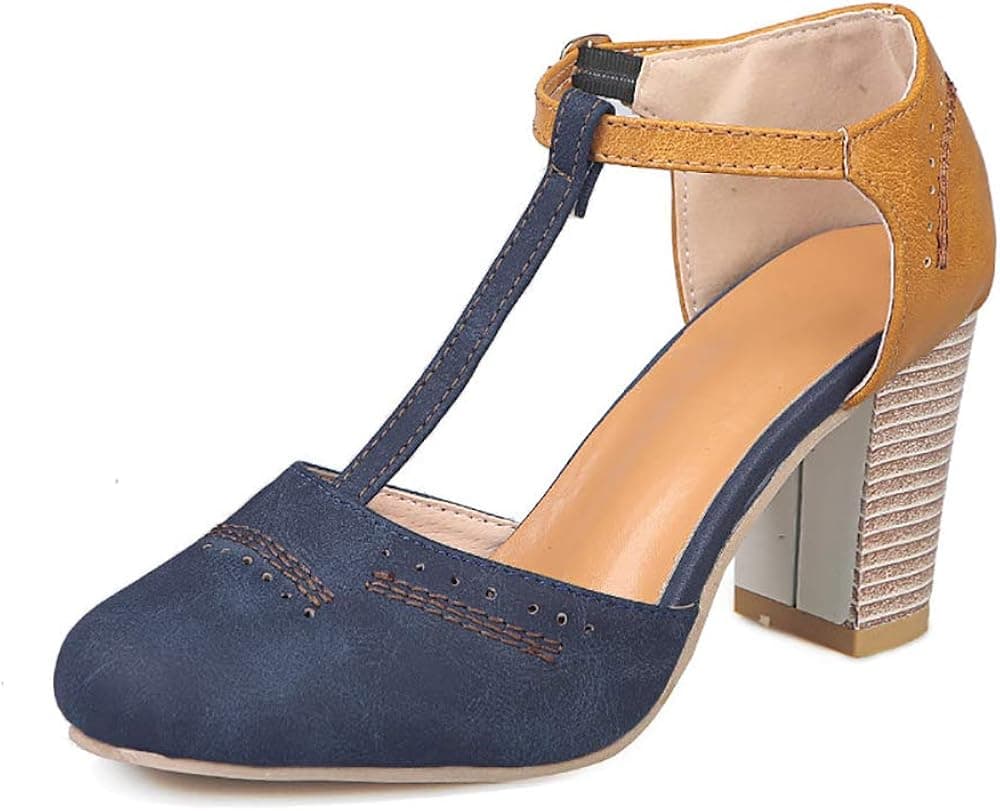 Chenghe Women's Vintage Mary Jane Dress Pumps Round Toe Two Tone T-Strap Chunky High Heels Pumps Shoes Blue US 6