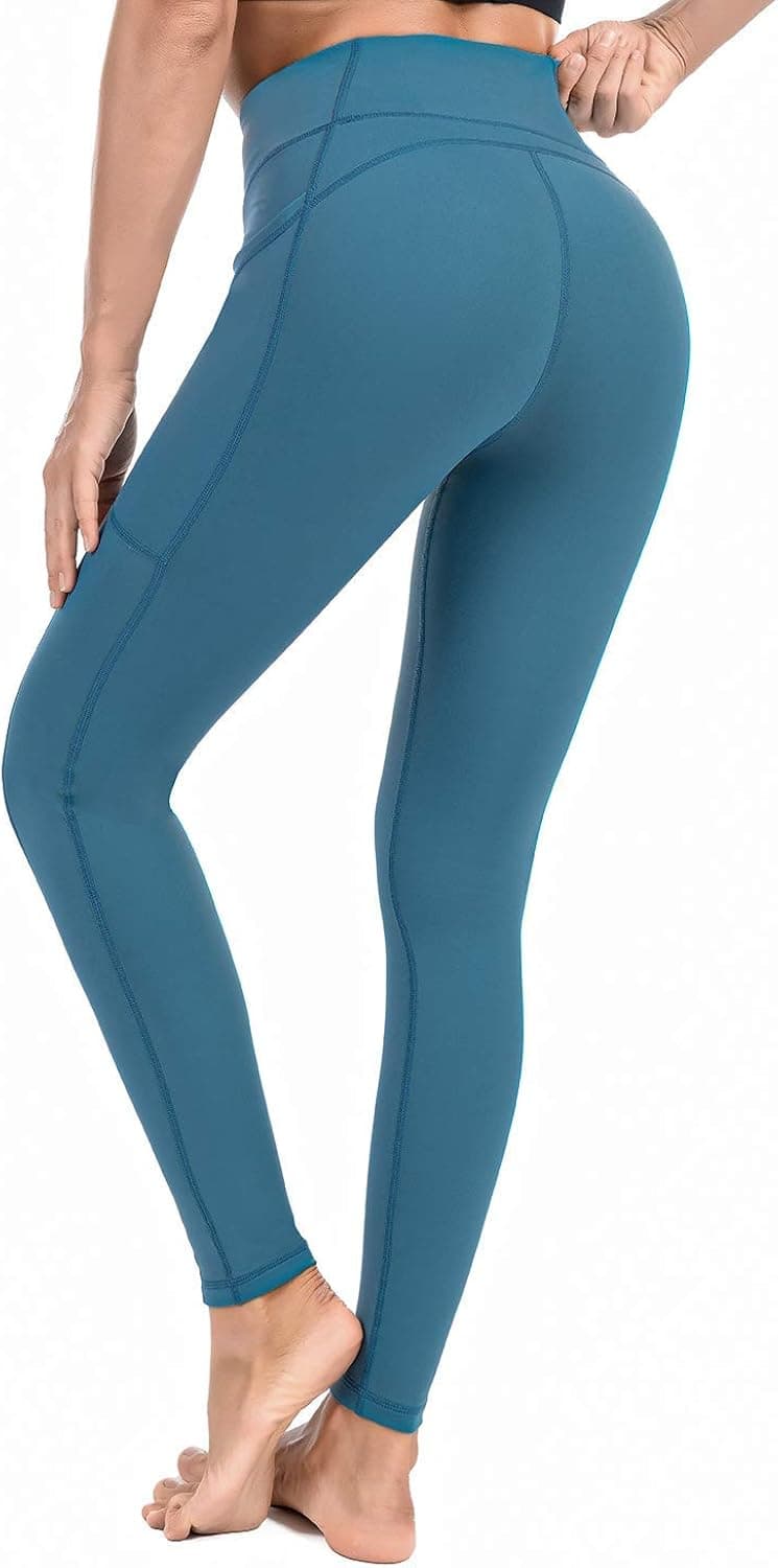 qualidyne Yoga Leggings High Waisted Gym Leggings for Women with Pocket Tummy Control Running Workout Pants Light Blue