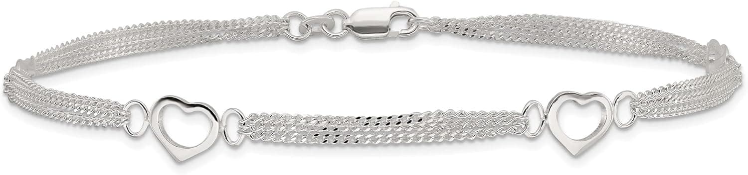 Brilliant Bijou .925 Sterling Silver Open Heart Station Style Multi Strand Chain Anklet with Lobster Claw Clasp - 10”
