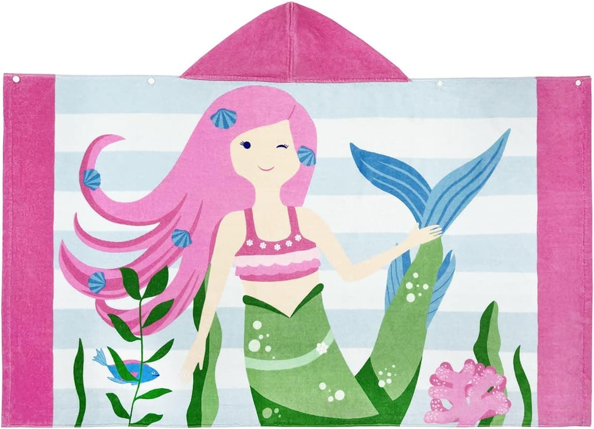 BANGSAUR Kids Hooded Bath Beach Towel, 100% Cotton 50"x30" Wrap, Toddlers Girls Boys 3-12 Years Coverup(Pink Hair Mermaid)