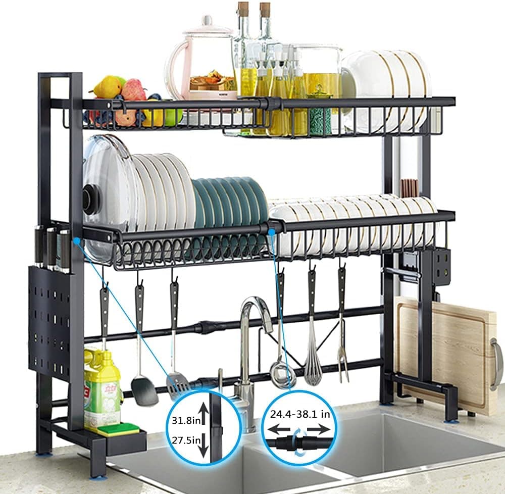 2-Tier Over The Sink Dish Drying Rack,Large Black Stainless Steel Tableware Drainer,Expandable Counter Organizer Storage Space Saver Shelf with 8 Utility Hook,Adjustable Height & Width