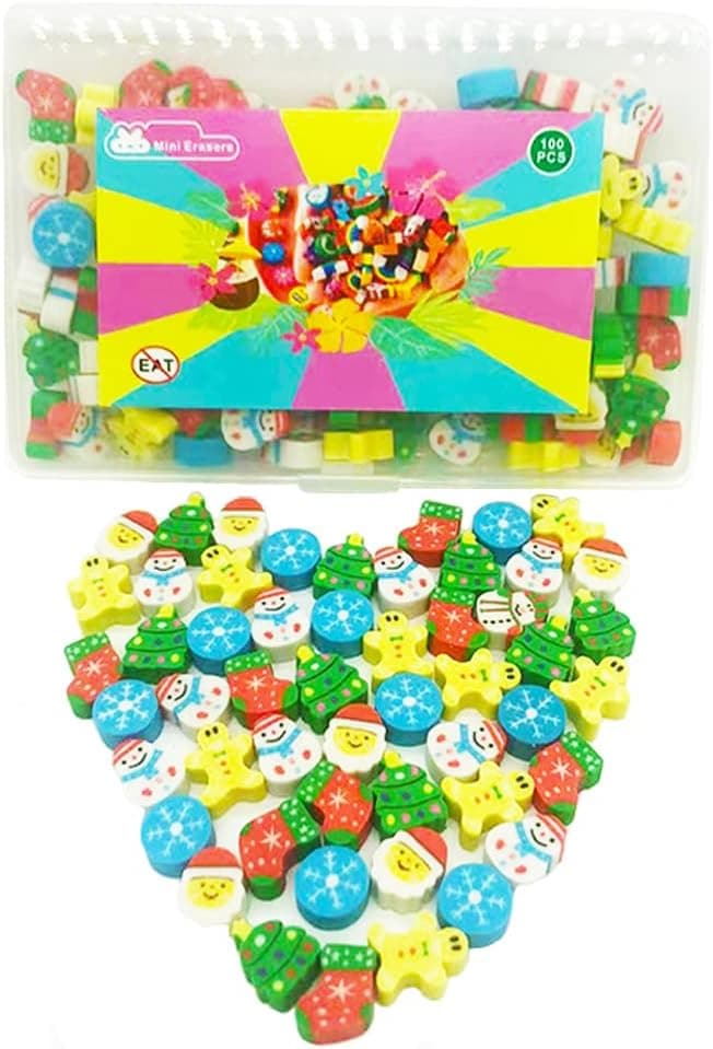 100PCS Mini Erasers Assortment, Novelty Pencil Erasers for Kids, Fruit and Animals Collection Erasers for Party Favors Student Prize Party Gifts School Supplies (Christmas Style)