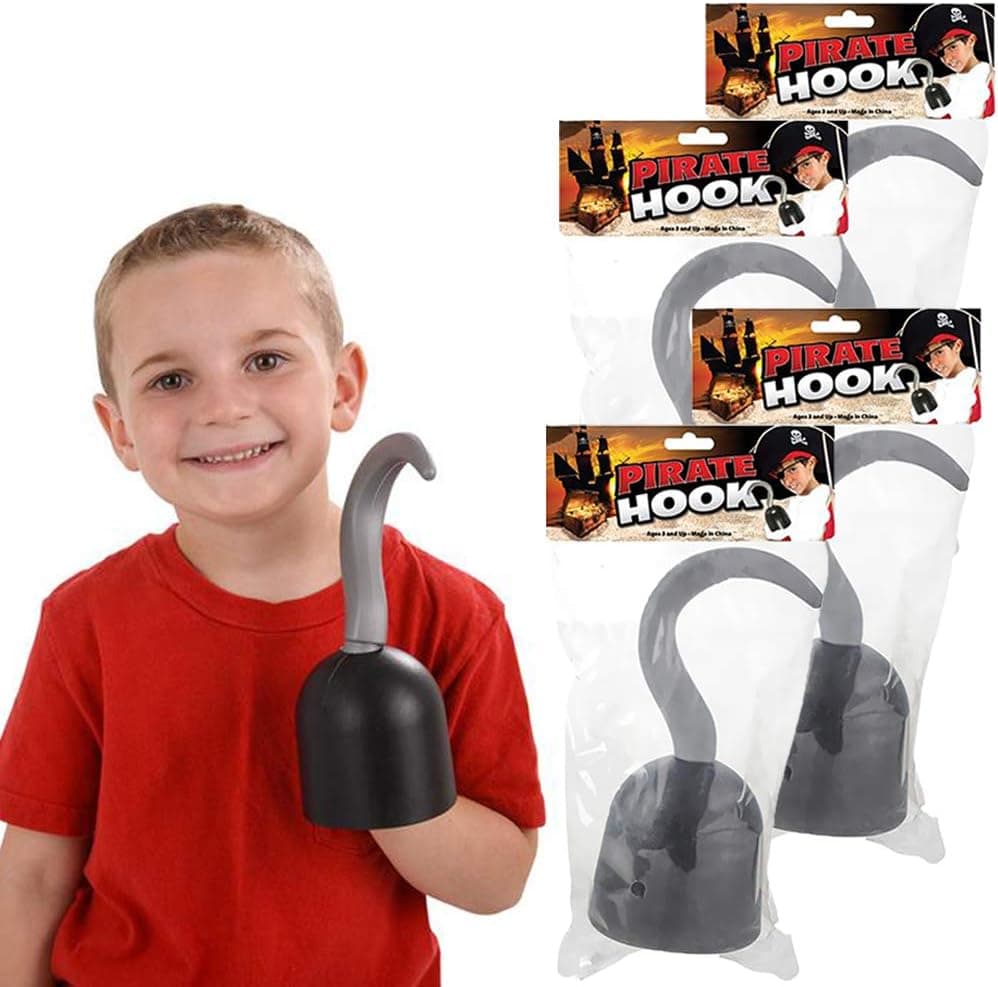 Pirate Hook Toys for Kids, Birthday Party Favors, Novelty and Gag Gifts, 7.5" (4-Pack)