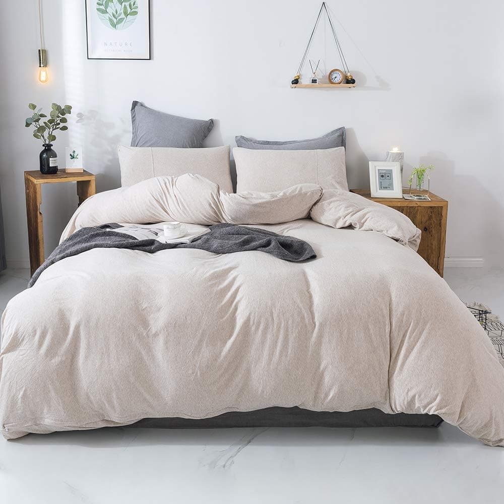 SINCETHEN Jersey Knit Cotton Duvet Cover Set, Beige Duvet Cover Queen, 1 Duvet Cover and 2 Pillowcases, Super Soft and Easy Care (Queen, Beige)