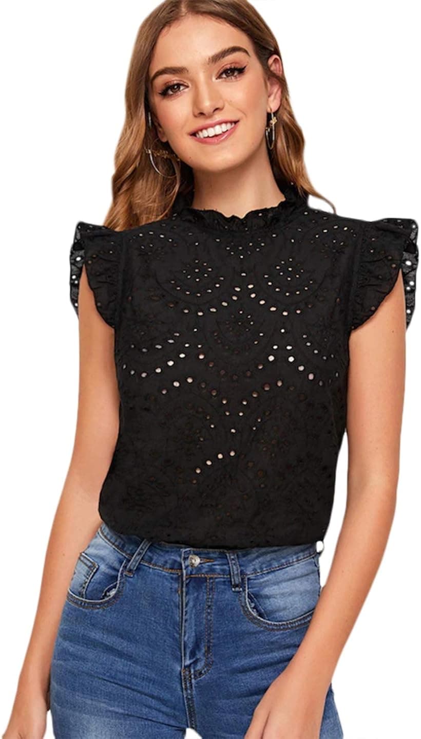 Romwe Women's Sleeveless Ruffle Stand Collar Embroidery Button Slim Blouse Top