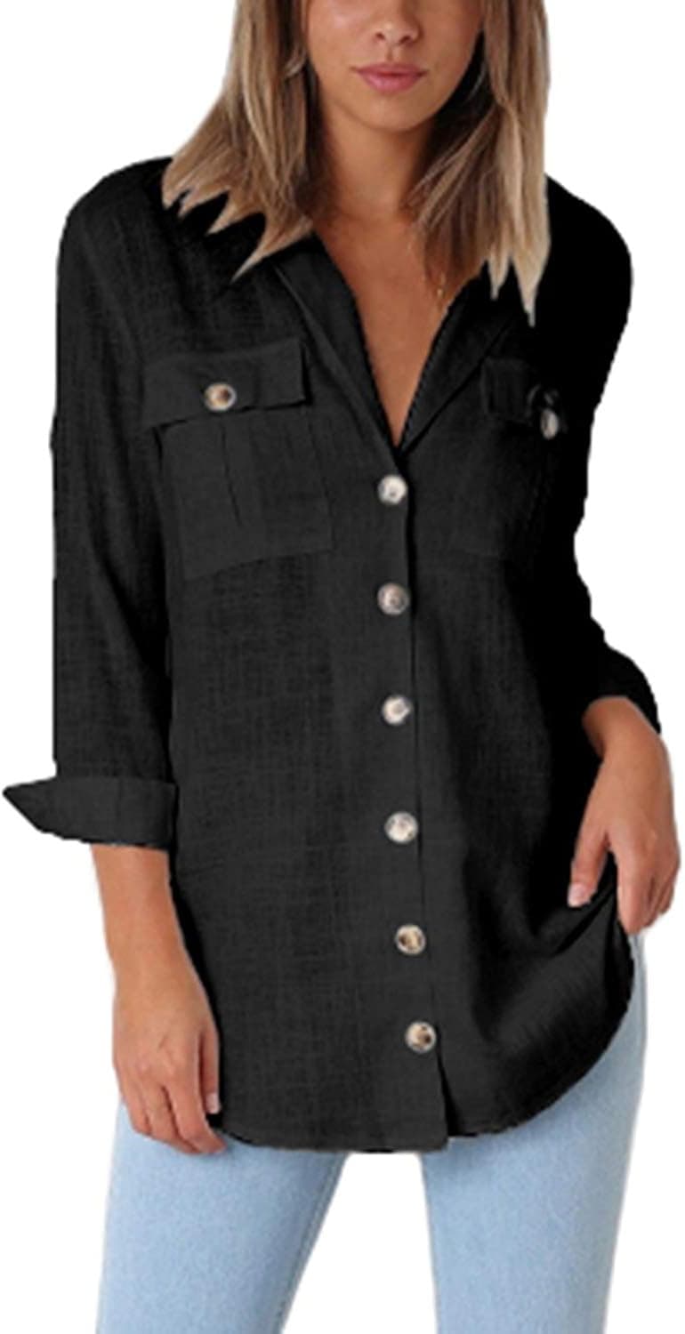 ZESICA Women's Roll-up Sleeve V Neck Button Down Pockets Causal Loose Blouse Shirt Tops
