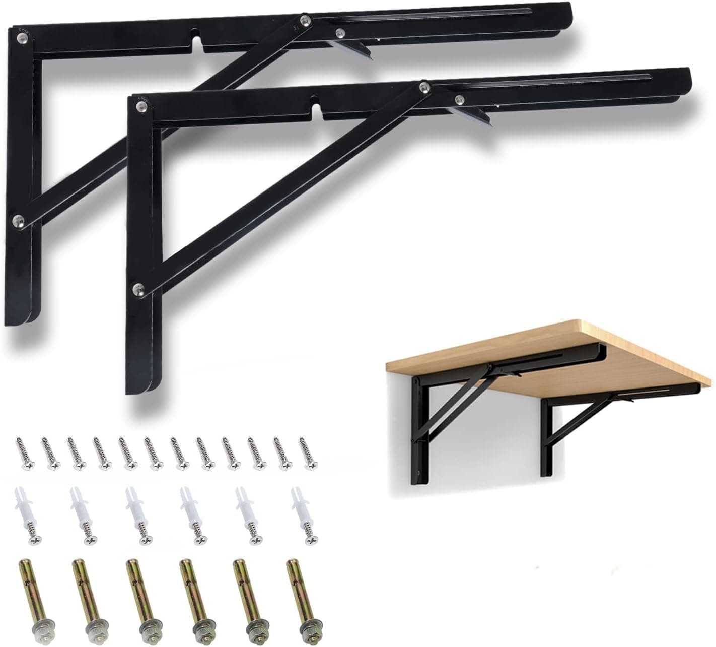 Boeray 10" Folding Shelf Bracket Carbon Steel Triangle Wall Mount Support Black Heavy Duty Paint Bench Table Shelf Brackets 90 Degree Hinge Shelves Tables 132 lb / 60KG Load Pack of 2