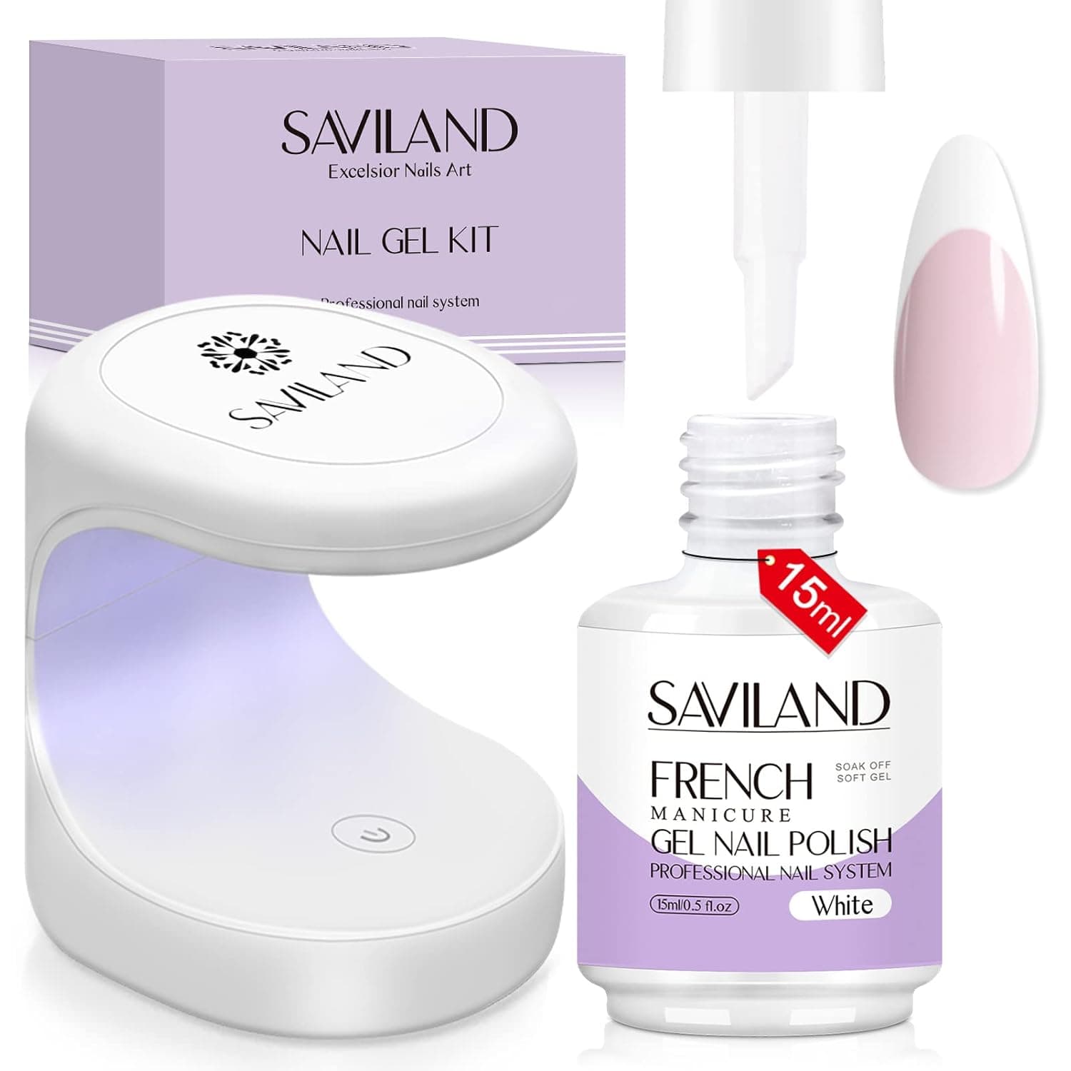 Saviland French Gel Nail Polish with U V Light - 15ML White Gel Polish Soak Off with 16W Mini U V/LED Nail Lamp French Manicure Starter Set for Home DIY and Professional Nail Salon