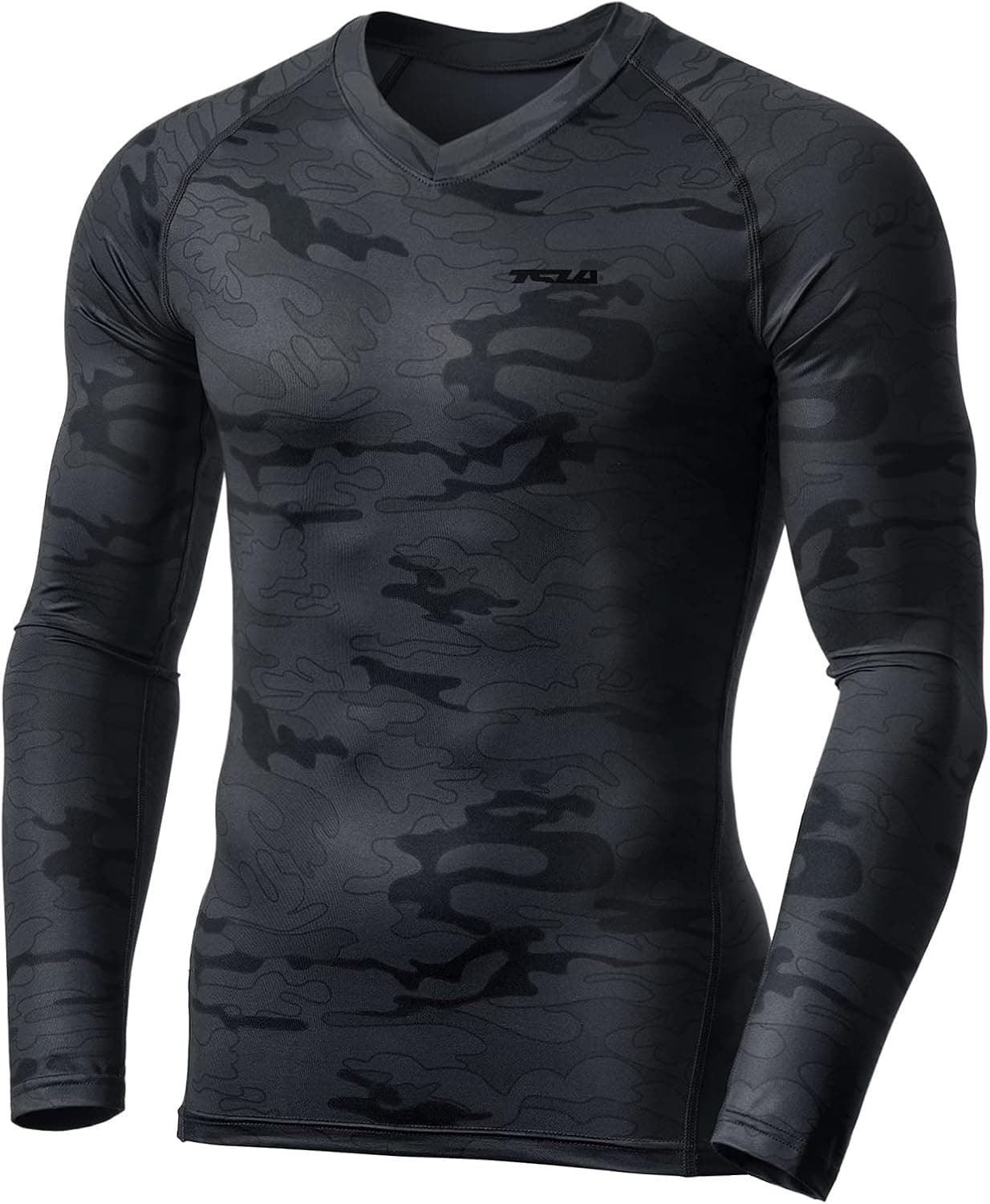 TSLA Men's Tactical V-Neck Long Sleeve Compression Shirts, Cool Dry Athletic Workout Shirt, Active Base Layer T-Shirts