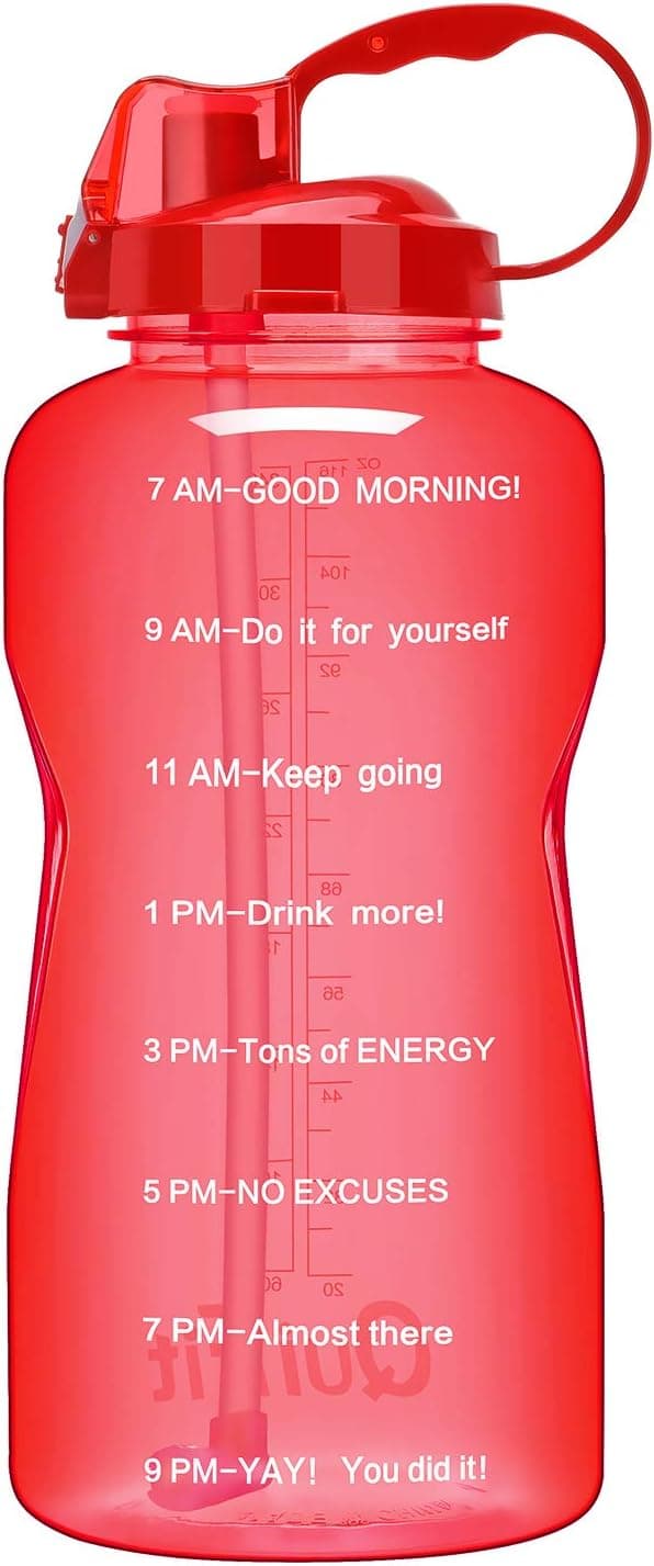 QuiFit Motivational Gallon Water Bottle - with Straw & Time Marker,BPA Free Reusable Large Leakproof Portable Water Jug,for Fitness Camping Outdoor Sports(Red,1 Gallon)
