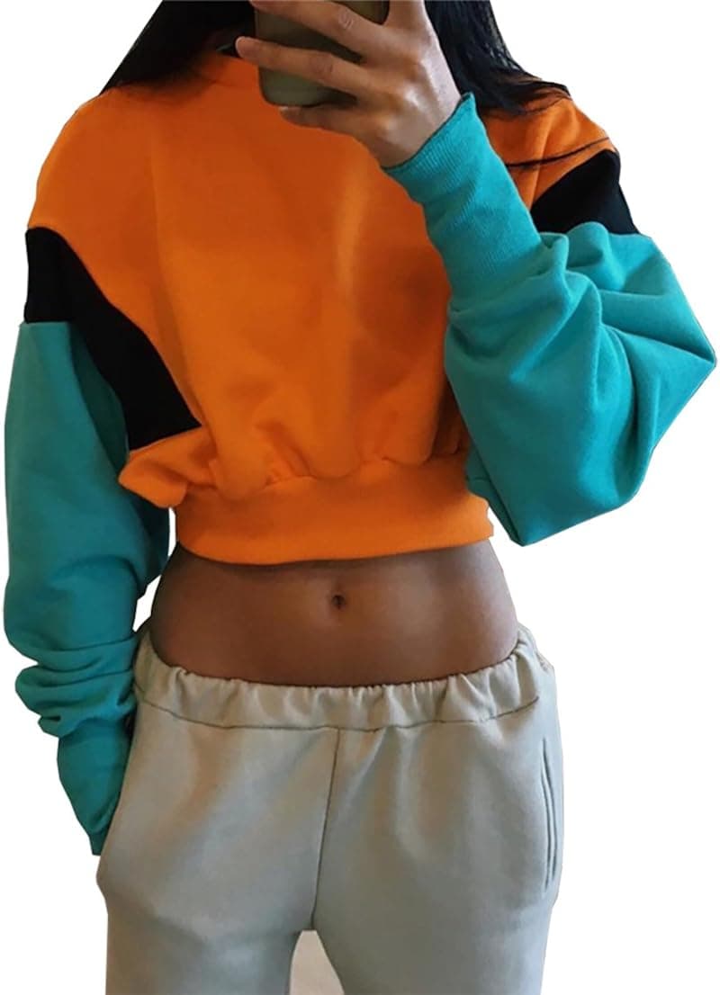 PRETTYGARDEN Women's Casual Long Sleeve Fashion Patchwork Crew Neck Pullover Crop Top Sweatshirt (Orange, Small)