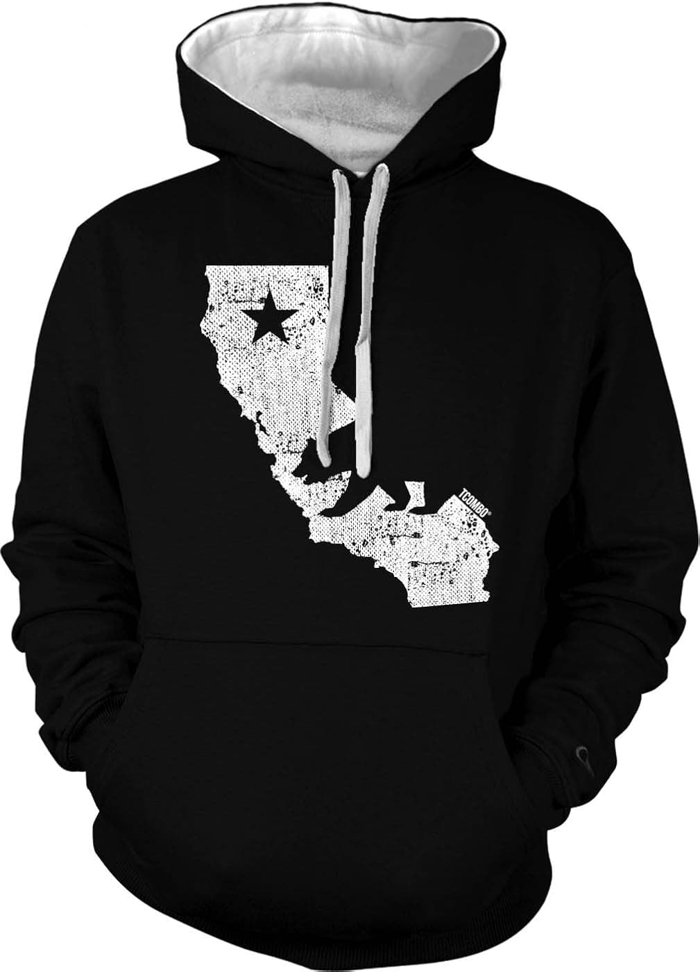 California State Map - Cali Bear Men's 2 Tone Hoodie Sweatshirt (Large, Black/White String)